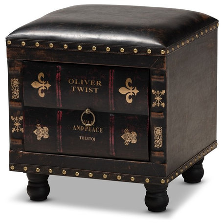Rustic Antique Leather Upholstered Wood Storage Ottoman with Book Spine Drawer