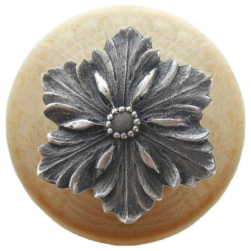 Opulent Flower Natural Wood Knob, Unfinished With Antique-Style Pewter