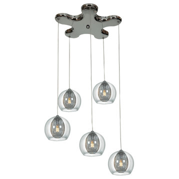 Aeria, Metal Foil With Clear Glass Pendant Wit, Halogen, Chrome With Clear