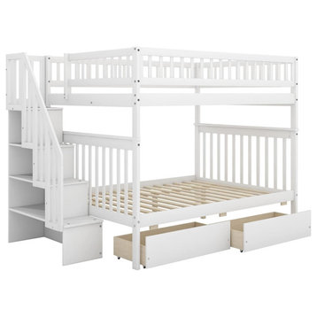 Full Size Bunk Bed, Slatted Design With Staircase, Lower Storage Drawers, White