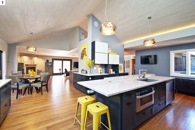 Large trendy l-shaped bamboo floor open concept kitchen photo in Chicago with an undermount sink, recessed-panel cabinets, blue cabinets, granite countertops, gray backsplash, stone slab backsplash, stainless steel appliances and an island