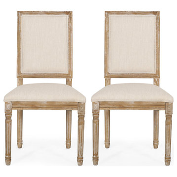 Amy French Country Wood Upholstered Dining Chair, Set of 2, Beige/Natural