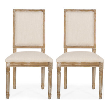 Amy French Country Wood Upholstered Dining Chair, Set of 2, Beige/Natural