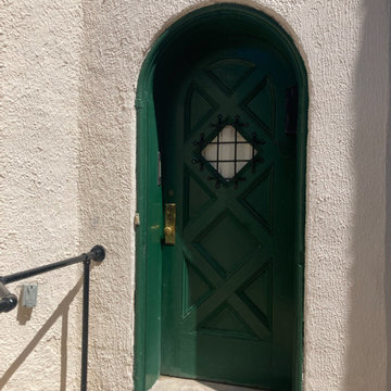 Green Round Top Steel Security Storm Door W/ Mail Slot - before installation of