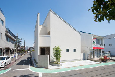 Foto de fachada de casa blanca y gris minimalista de tamaño medio de dos plantas con tejado de un solo tendido y tejado de metal