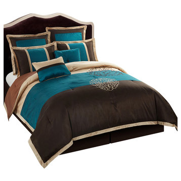 Phoebe Faux Silk 8-Piece Bedding Comforter Set, Brown/Blue, King