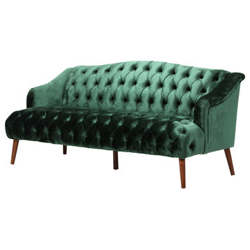 Esther Modern Glam Tufted Velvet 3 Seater Sofa, Emerald, Walnut Finish