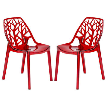 Leisuremod Cornelia Hollow Back Lucite Dining Chair, Set of 2, Transparent Red