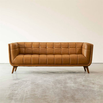 Allen Mid Century Modern Tufted Genuine Leather Sofa in Cognac Tan