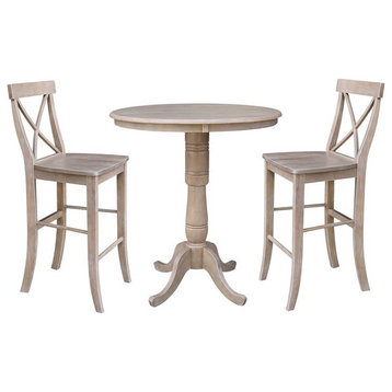 36" Round Pedestal Bar Height Table with Two Bar Height Stools  Weathered Grey