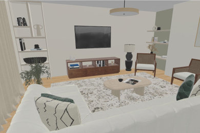 Idées déco pour un salon méditerranéen de taille moyenne et ouvert avec un mur beige, parquet clair et un téléviseur fixé au mur.
