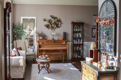 Living room - mid-sized traditional formal vinyl floor, brown floor and vaulted ceiling living room idea in Seattle with no fireplace, no tv and gray walls