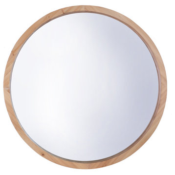 22" Round Wood Wall Mirror, Large, Natural Brown