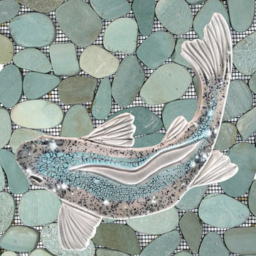 Blue green sliced pebble, rock, and stone shower floor with bass fish tile