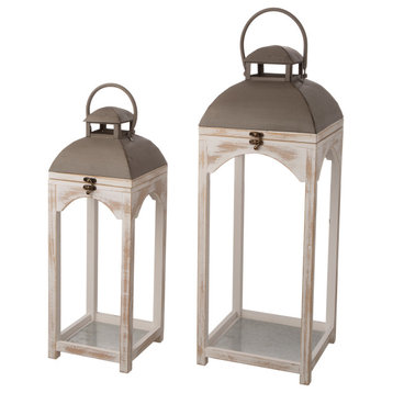 Set of 2 Farmhouse Wooden Lantern, Natural/White