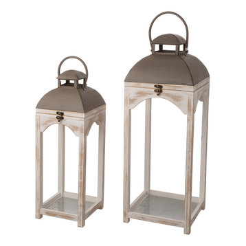 Set of 2 Farmhouse Wooden Lantern, Natural/White