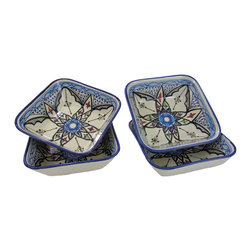 Le Souk Ceramique - Square Stoneware Pasta/Salad Bowls, Set of 4, Tibarine Design - Serving And Salad Bowls