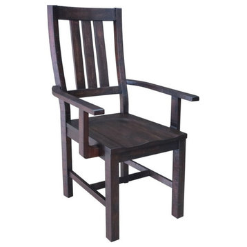 Pemberly Row Farmhouse Wood Slat Back Arm Chair in Brown Finish