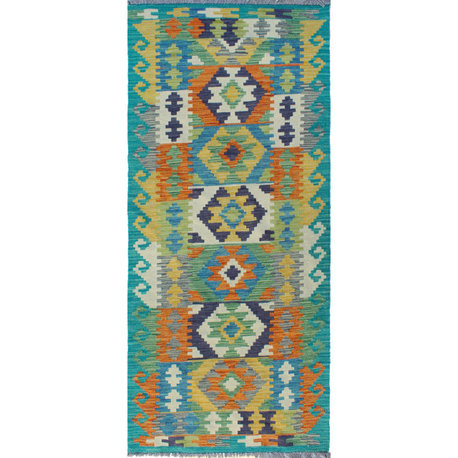 Flatweave Roosevelt Green/Blue Runner, 2'5x6'6