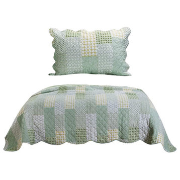 Reversible Fabric Twin Size Quilt Set With Geometric Pattern Motif, Green