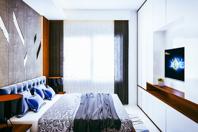 Ejemplo de dormitorio principal minimalista pequeño con paredes blancas, suelo de baldosas de cerámica, suelo blanco, bandeja y panelado