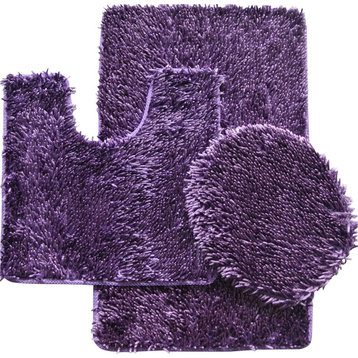 3 Piece Shiny Chenille Bath Rug Set, Includes Rug, Contour And Lid Cover, Purple