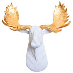 White Faux Taxidermy - White Mini Faux Moose Head Wall Mount, Gold Antlers - Mini Faux Moose Head Wall Mount