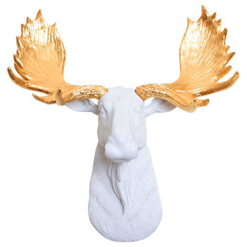 White Mini Faux Moose Head Wall Mount, Gold Antlers