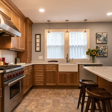 Transitional Warm Wood Farmhouse Kitchen Remodel | Quartz Countertops & Modern L