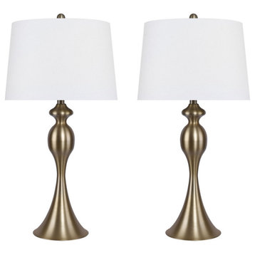 29.75" Plated Gold Table Lamps With White Linen Shades, Set of 2
