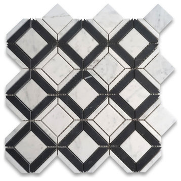 Carrara White Black Marble Square Ventura Carlyle Geometry Tile Honed, 1 sheet