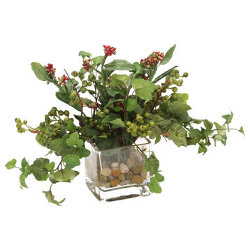 Waterlook® Mixed Greenery, Burgundy-Green Berries in Glass Cube