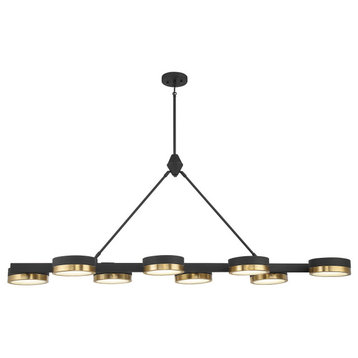 Ashor 8-Light LED Linear Chandelier, Matte Black With Warm Brass Accents