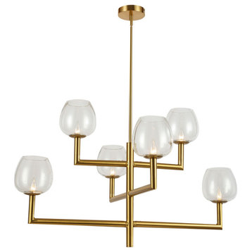 6-Light Contemporary Lantern Chandelier Nora, Aged Brass With Clear Glass