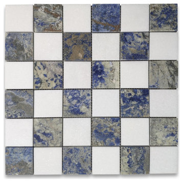 Thassos White Azul Macaubas Blue Marble Checkerboard Mosaic Tile Honed, 1 sheet