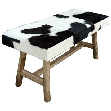 Tauro Black and White Cowhide Bench With Wooden Legs