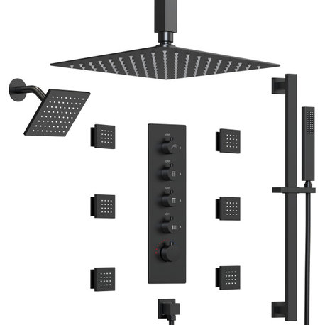 Thermostatic Shower System 16" Dual Shower Heads With Body Jets, Matte Black