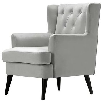 Classic Accent Chair, Velvet Textured Seat and Button Tufted Backrest, Pearl Gray