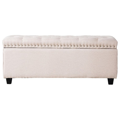 Legend Vansen Tufted Modern Fabric Storage Ottoman with Nailhead Trim in Cream