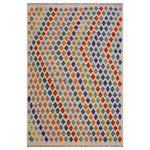 Bareens Designer Rugs - Modern Turkish Kilim Ermelind Hand-Woven Wool Rug - 4'11'' x 6'8'' - Elevate the elegance of your home with this stunning hand-woven tribal Kilim wool rug. Meticulously crafted on a loom by the Nomad Turkman people using hand-spun wool and 100% natural vegetable dyes, these rugs are recognized for their repetitive geometric patterns, incorporating naturalistic floral and traditional designs. The contemporary fashion palette results in bold, sharp patterns that are incredibly versatile, as the pattern is the same on both sides. These reversible rugs feature a lighter shade on one side and brighter colors on the other, providing versatility according to preference. These unique rugs are made by knotting short strands of different colors onto the warps and securing them by tightly pressing the wefts. The designs are created by interweaving the various colored wefts and warps. Kilims are known for their exceptional durability and versatility, making them truly unique rugs.  Product Details    Rug Size: 4'11'' x 6'8''  Material: 100% Wool  Style: Kilim, Flat Weave, Dhurrie, Turkish, Southwestern, Rustic, Tribal  Colors: Beige, Rust, Blue, Brown  Weave Type: Hand-Woven, Handmade  Pile Height: Less than 0.25 inch