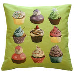 Pillow Decor Ltd. - Pillow Decor - Cupcakes on Green French Tapestry Throw Pillow - Fun and colorful, the Cupcakes on Green Throw Pillow will make your mouth water. Nine delectable cupcakes are set against a bright green background. The texture of the French tapestry give the pillow warmth and depth. A great pillow for a kitchen nook, bedroom or window seat. A fantastic gift for cupcakes lovers or anyone that loves to bake.