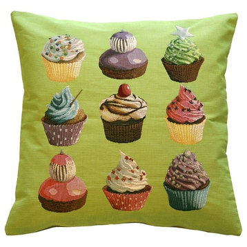 Pillow Decor - Cupcakes on Green French Tapestry Throw Pillow