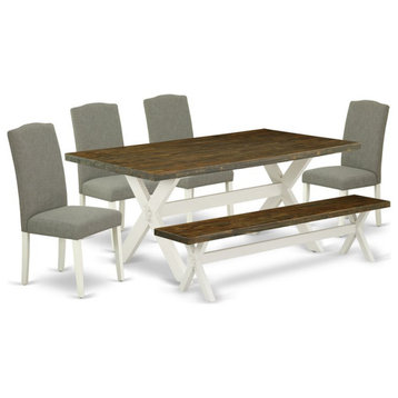 East West Furniture X-Style 6-piece Wood Dining Set in Linen White/Dark Shitake