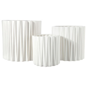 Round Ceramic Pot with Corrugated Spike Design Matte White Finish, Set of 3