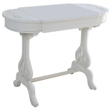 Windsor Carved Wood Writing Table With Flip-up Drawers, Antique White