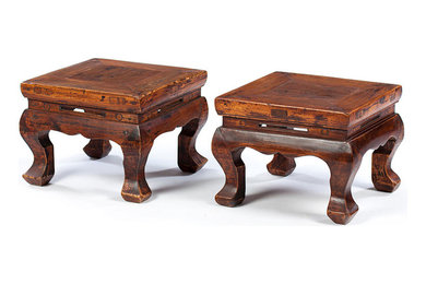 19th century low square stools with cabriole legs