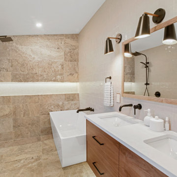 Mid-Century Primary Bathroom with Walnut Double Vanity & Tiled Wet Room