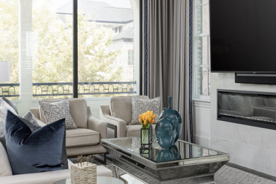 Living room - transitional formal living room idea in Houston with a tile fireplace and a wall-mounted tv