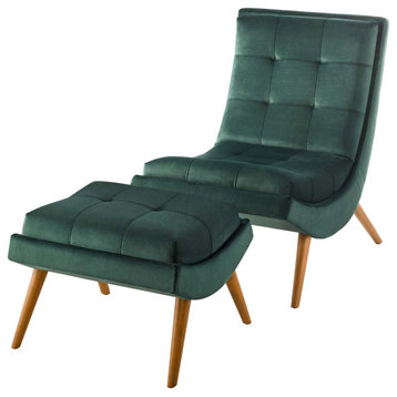 Modern Lounge Accent Side Chair and Ottoman, Velvet Fabric Wood, Green