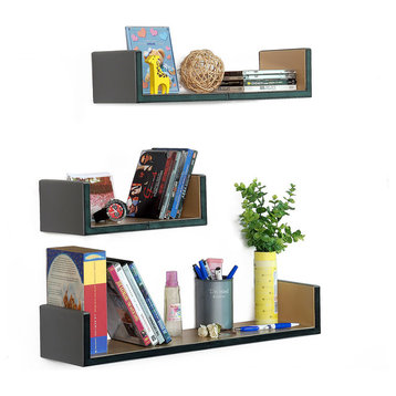 Gray Space U-Shaped Leather Wall Shelf / Bookshelf / Floating Shelf (Set of 3)
